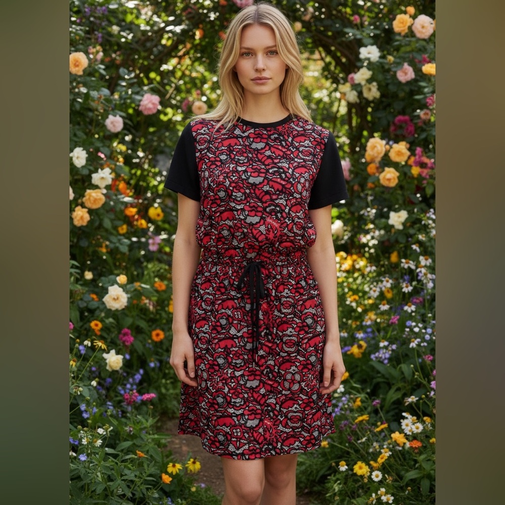 EUC Louis Vuitton Silk and Lace monogram Red and Black Drawstring  Dress